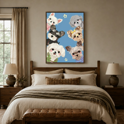 Whimsical puppy canvas print hanging above a cozy bedroom bed with linen bedding