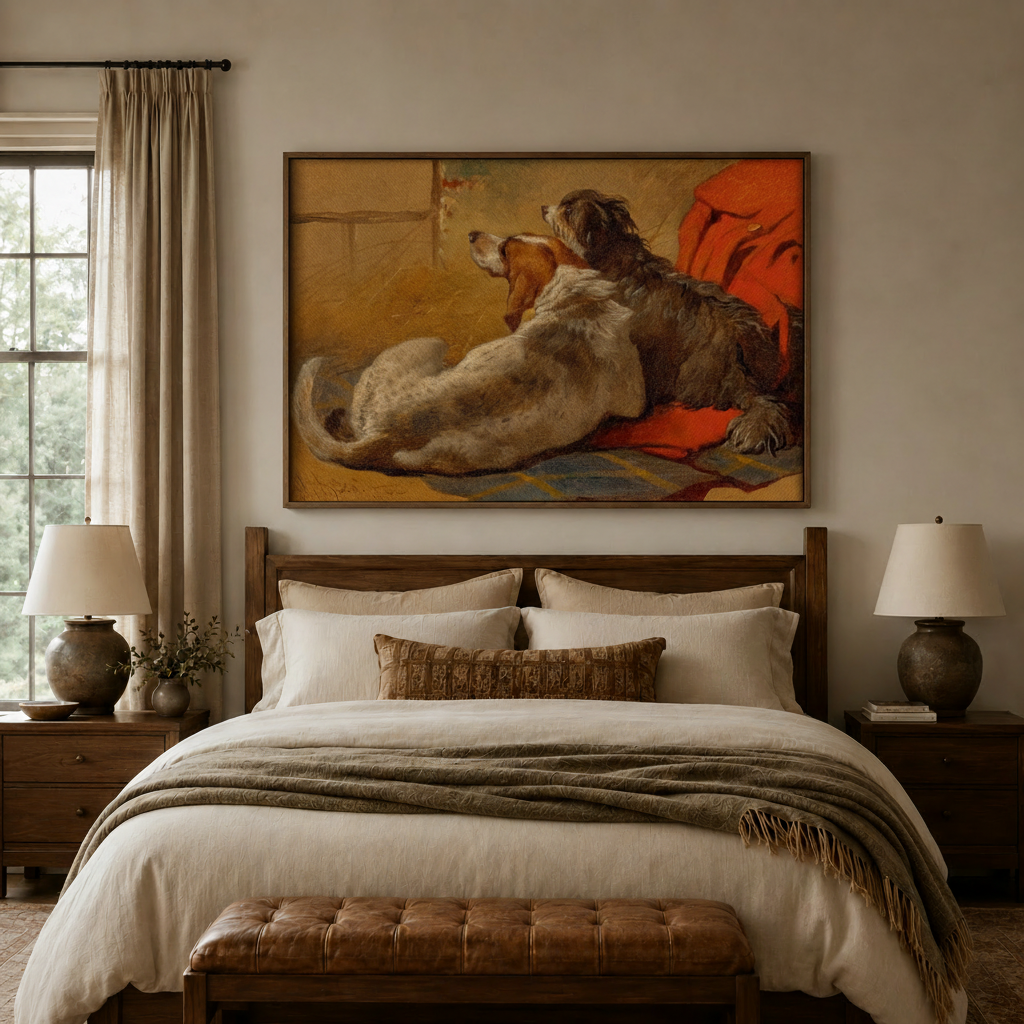 Vintage hunting dogs canvas wall art above bed in cozy warm-toned bedroom