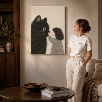 Woman in a cream tee standing next to a gallery-wrapped canvas showing a fluffy black cat and little girl.