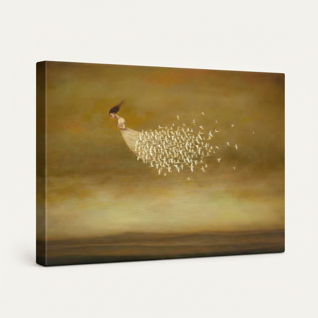 Gallery wrapped surrealist canvas print with woman and birds angled view