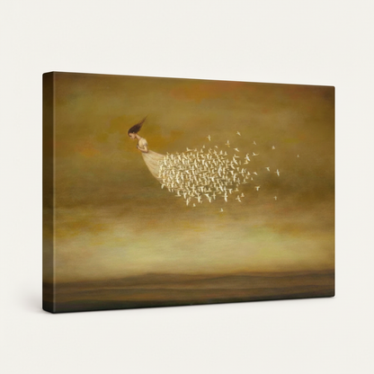 Gallery wrapped surrealist canvas print with woman and birds angled view