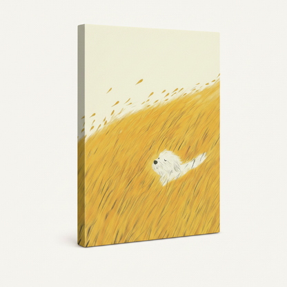 Gallery-wrapped illustrative dog canvas with golden amber field, thick wrap edges visible, clean background