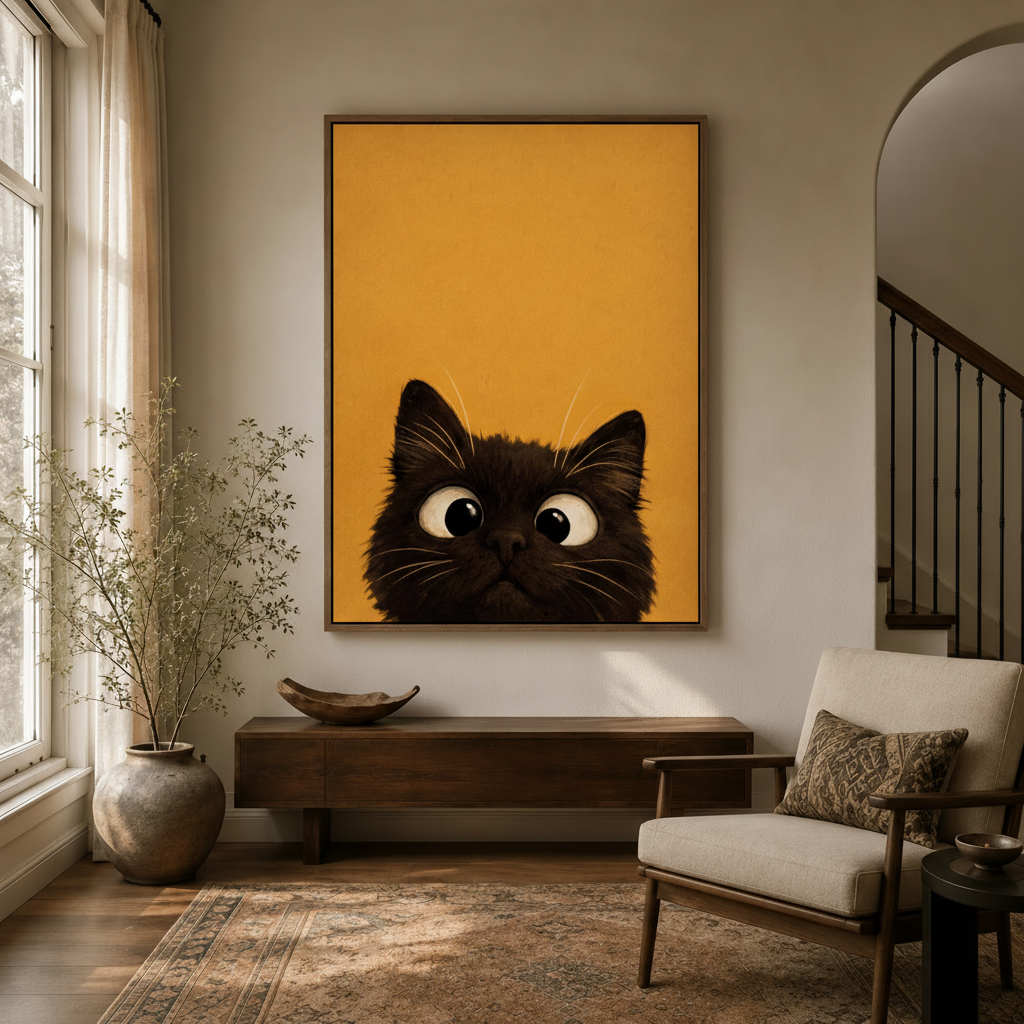 Whimsical cat canvas wall art displayed in cozy entryway beside dried branch floor vase