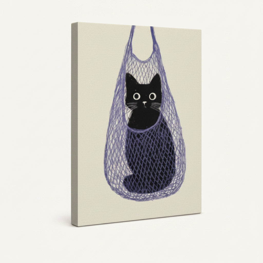 Gallery-wrapped black cat canvas wall art, thick wrap edges visible, white background mockup
