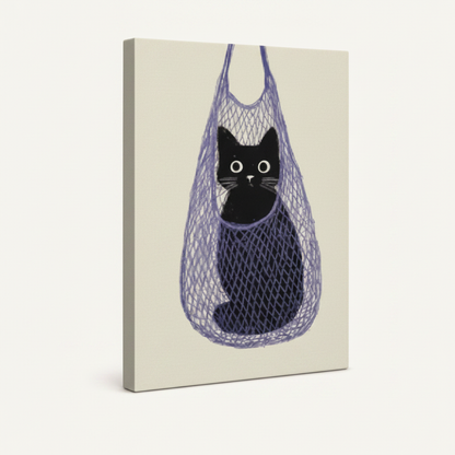 Gallery-wrapped black cat canvas wall art, thick wrap edges visible, white background mockup