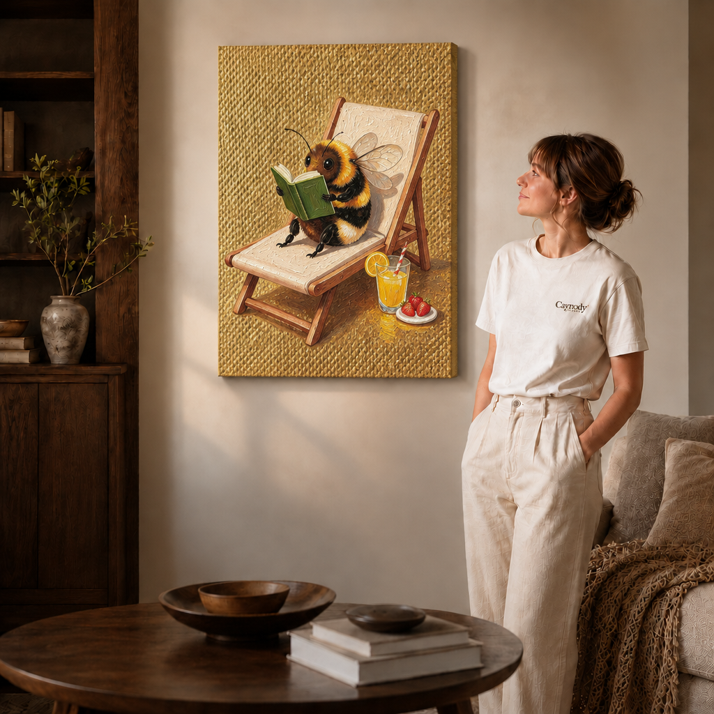 Frameless bumblebee reading canvas styled beside a woman in a neutral interior