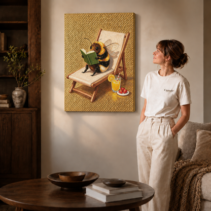 Frameless bumblebee reading canvas styled beside a woman in a neutral interior