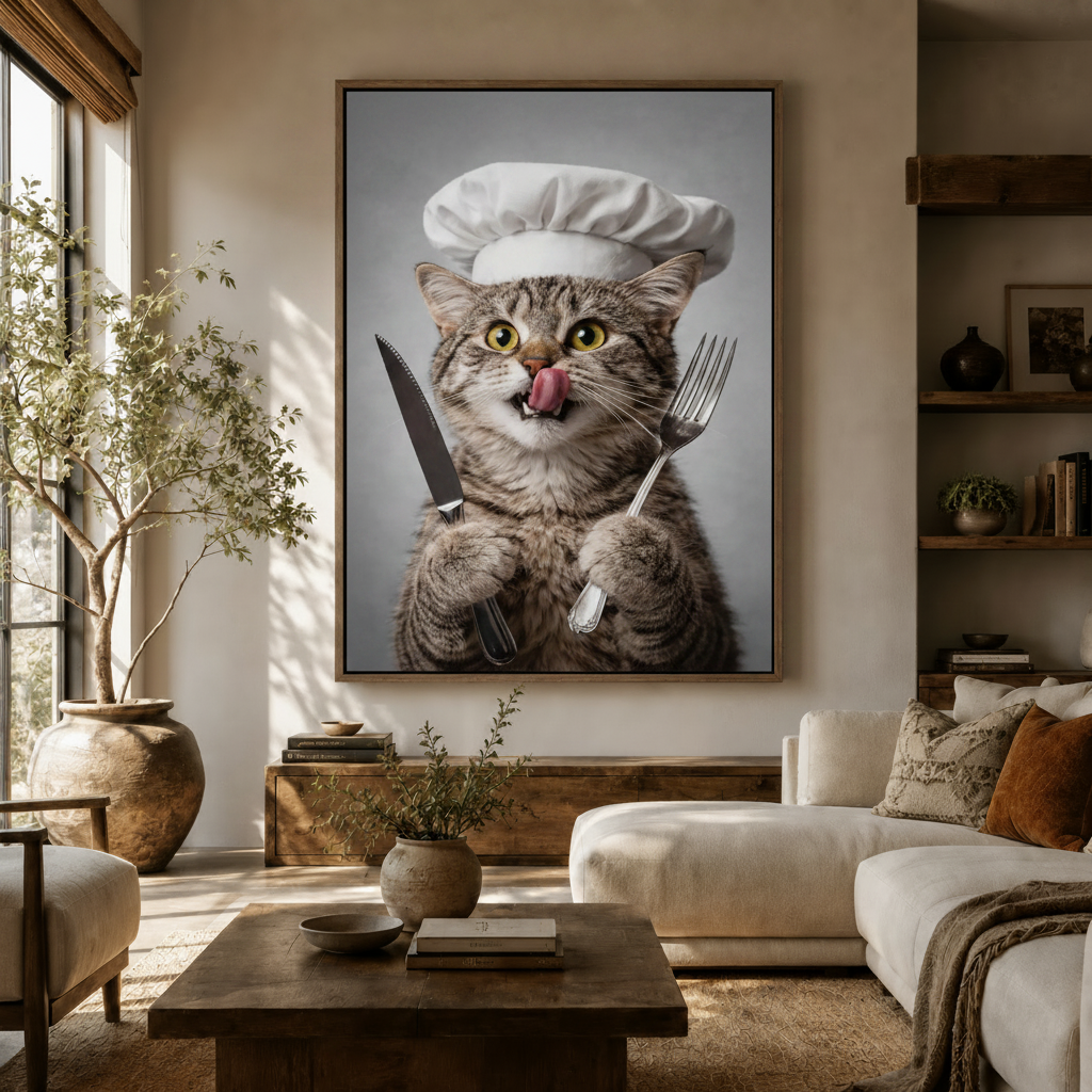Funny tabby chef cat with knife and fork canvas displayed above white sofa in bright boho living room