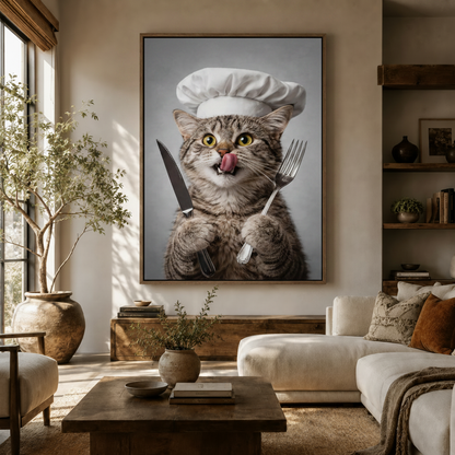Funny tabby chef cat with knife and fork canvas displayed above white sofa in bright boho living room