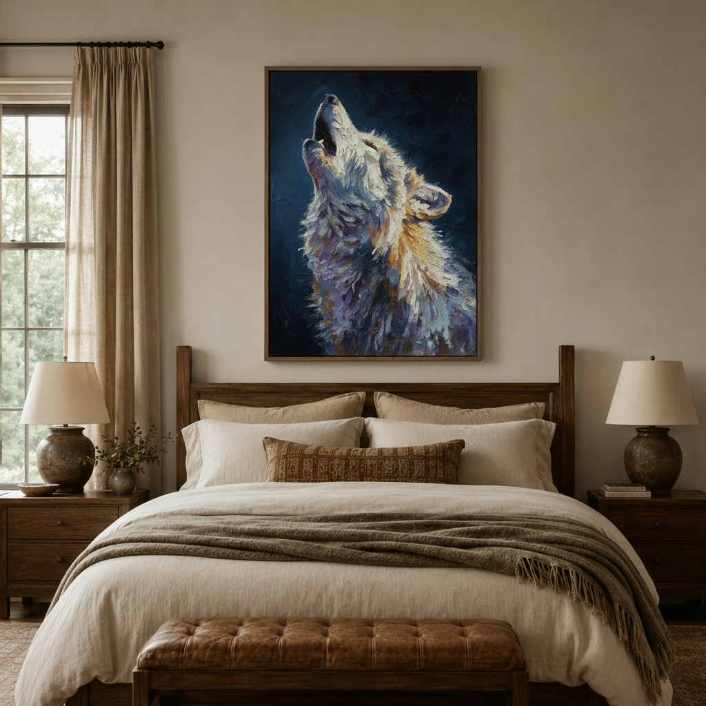 Framed howling wolf painting above bed in cozy neutral bedroom interior