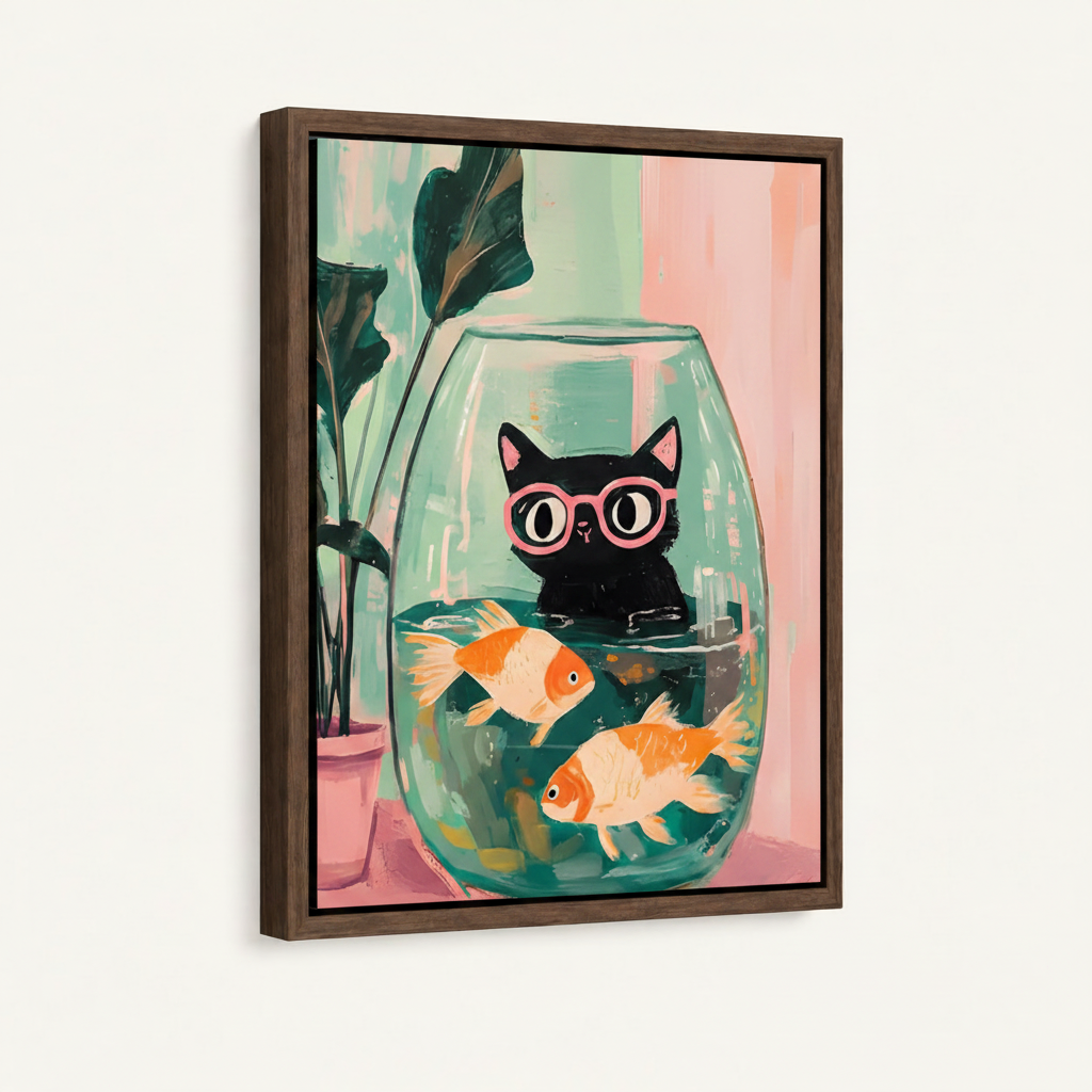  Framed canvas print with dark walnut float frame featuring black cat sitting in glass fishbowl with goldfish