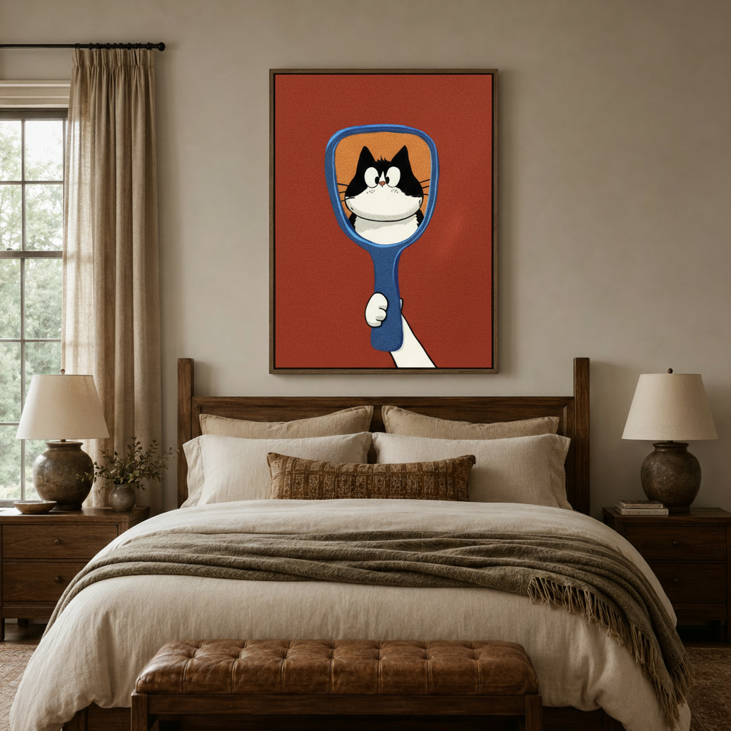 Retro cat canvas print above a walnut bed frame in a neutral bedroom with linen bedding