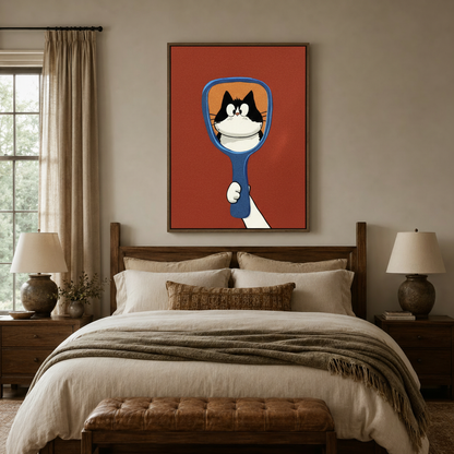 Retro cat canvas print above a walnut bed frame in a neutral bedroom with linen bedding
