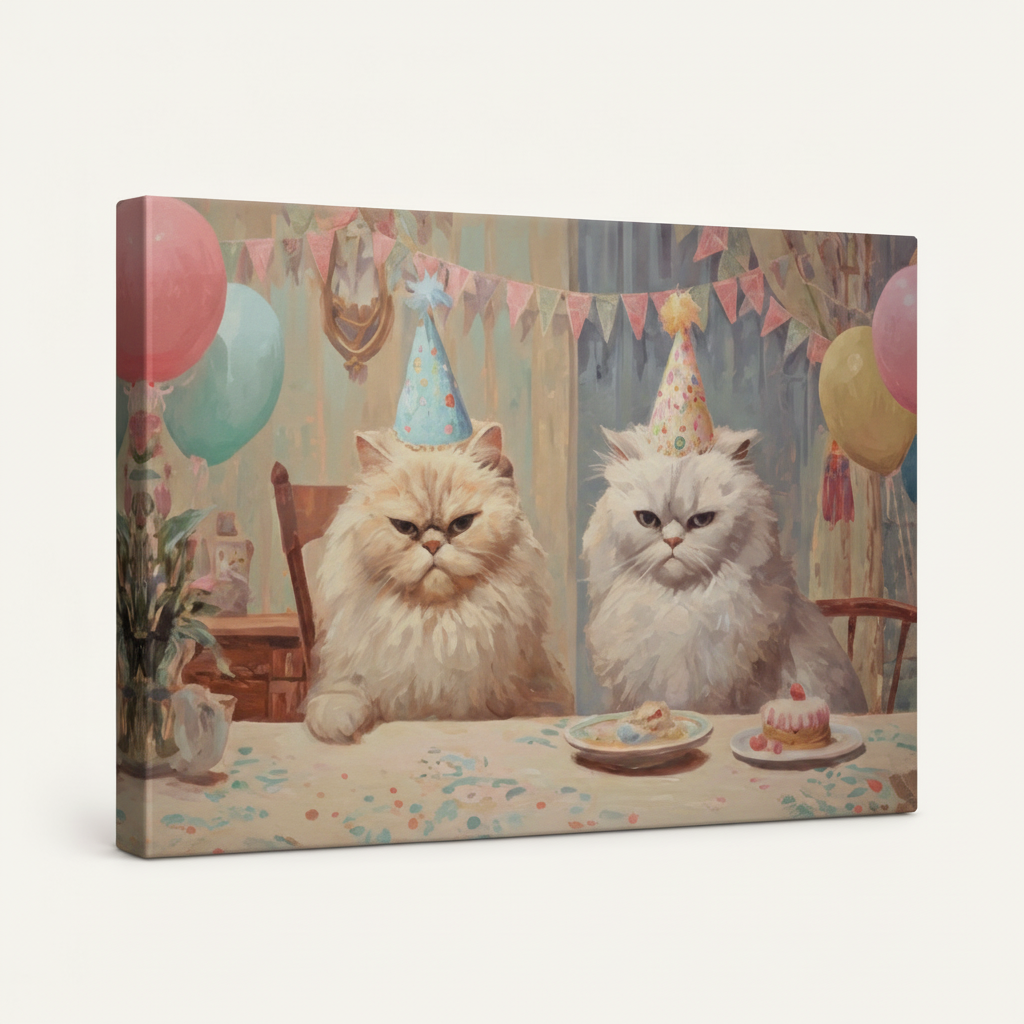 Gallery wrapped Persian cat birthday party canvas side view showing dark wrap edges and pastel continuation