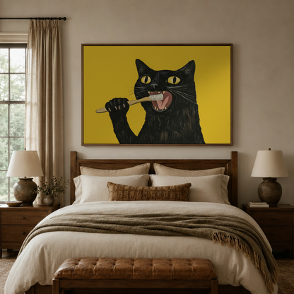 Contemporary black cat portrait canvas styled as expressive bedroom wall decor