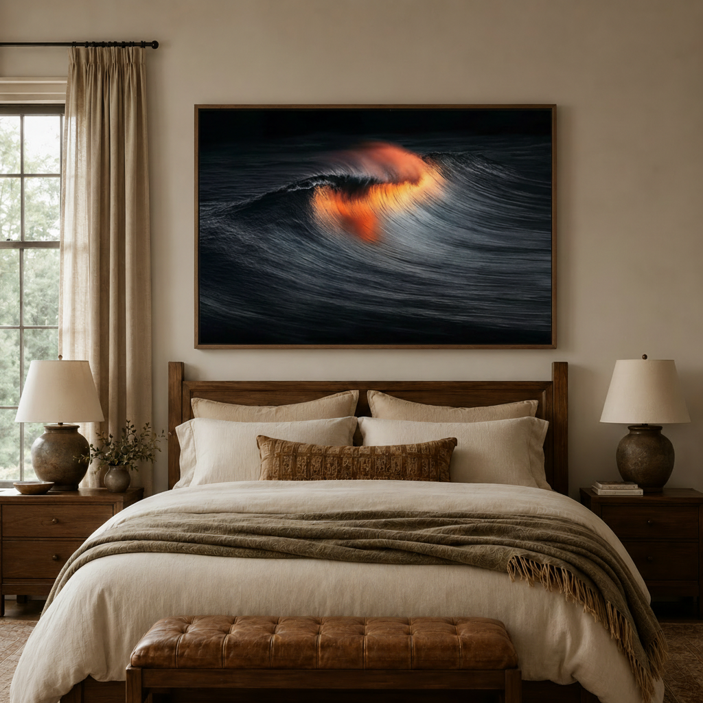 Large dark ocean wave canvas art centered above bed in cozy neutral bedroom setting