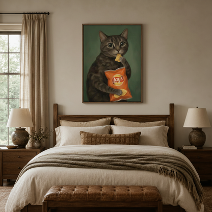Humorous tabby cat canvas wall art above a wooden bed headboard in a cozy neutral bedroom setting