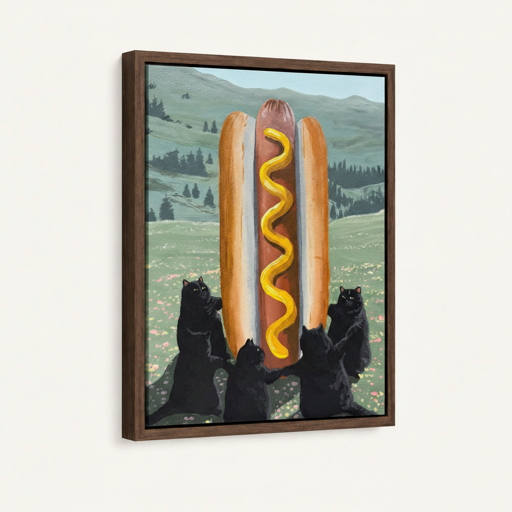 Framed funny cat hot dog surreal canvas art dark walnut floating frame angled product view