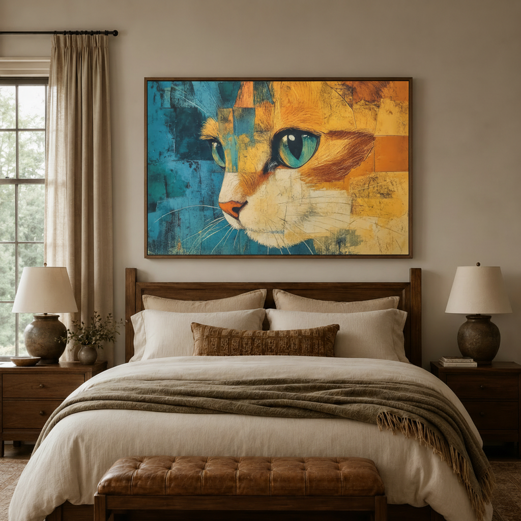 Orange tabby cat canvas wall art with teal eyes above a bedroom headboard