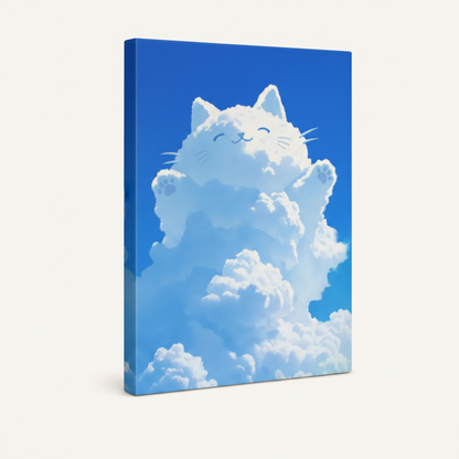 Gallery-wrapped cloud cat blue sky canvas with wrap edges and vivid blue tones on light background
