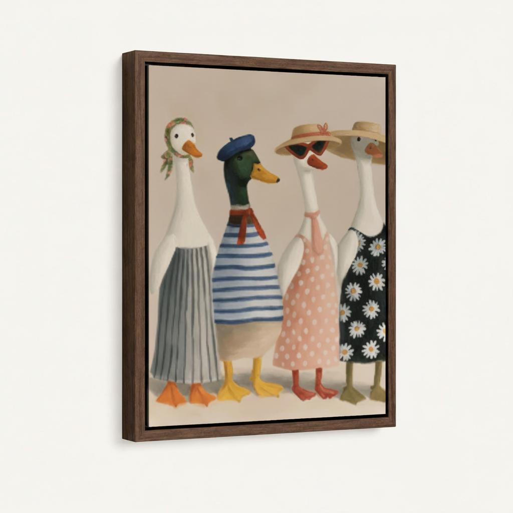 Four stylish ducks in dresses folk art canvas in dark walnut float frame, 3/4 angle view