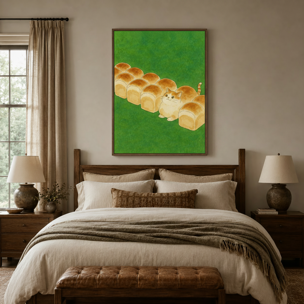 Whimsical cat and bread canvas print above a bed in a warm neutral-toned bedroom