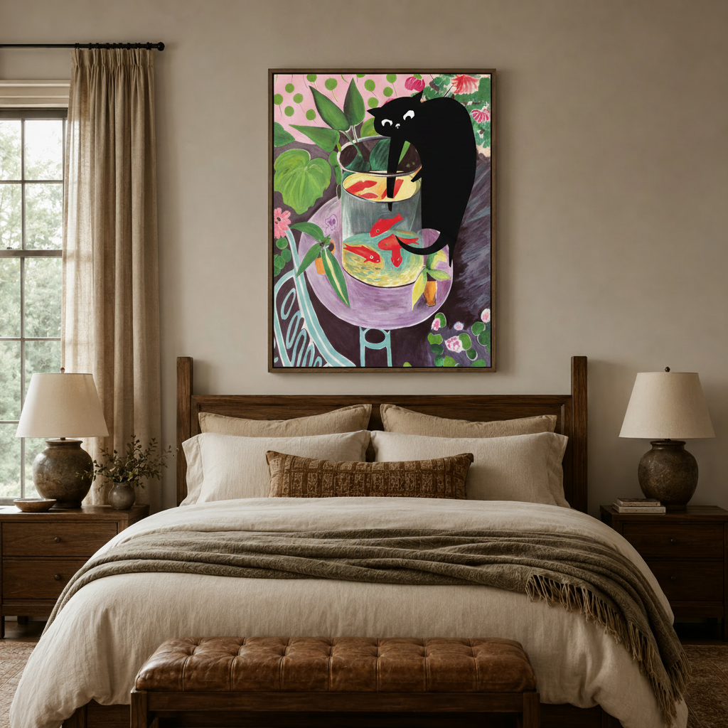Matisse-inspired cat canvas print in dark walnut frame above linen bed in cozy neutral bedroom