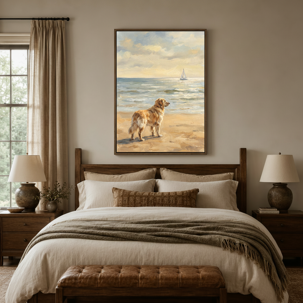 Golden retriever coastal wall art centered above bed in cozy neutral master bedroom