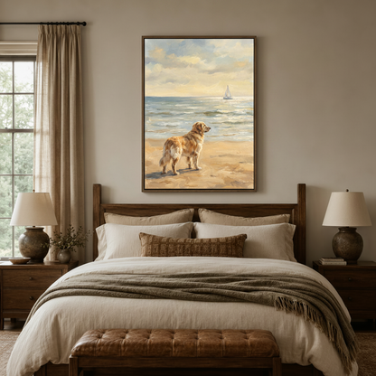 Golden retriever coastal wall art centered above bed in cozy neutral master bedroom