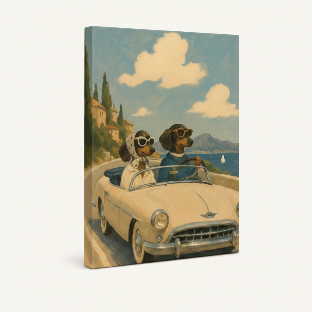 Gallery-wrapped dachshund road trip Mediterranean canvas showing green tree wrap edge, no frame, 3/4 angle