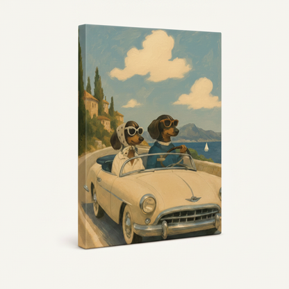 Gallery-wrapped dachshund road trip Mediterranean canvas showing green tree wrap edge, no frame, 3/4 angle