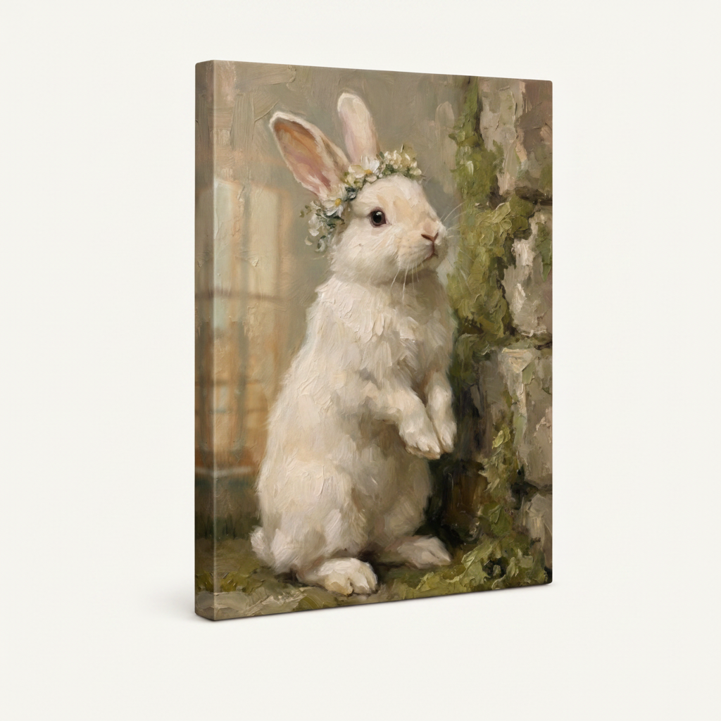 Gallery-wrapped white rabbit mossy wall pastoral canvas with rich impasto texture and wrap edges visible
