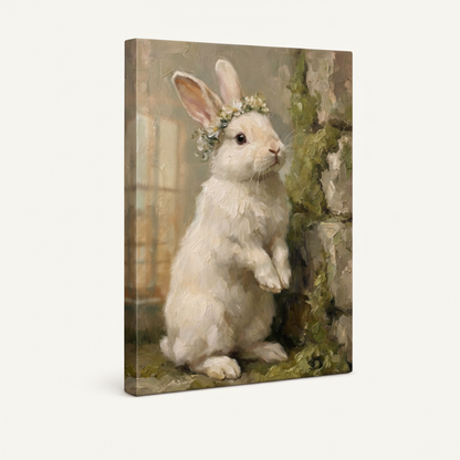 Gallery-wrapped white rabbit mossy wall pastoral canvas with rich impasto texture and wrap edges visible