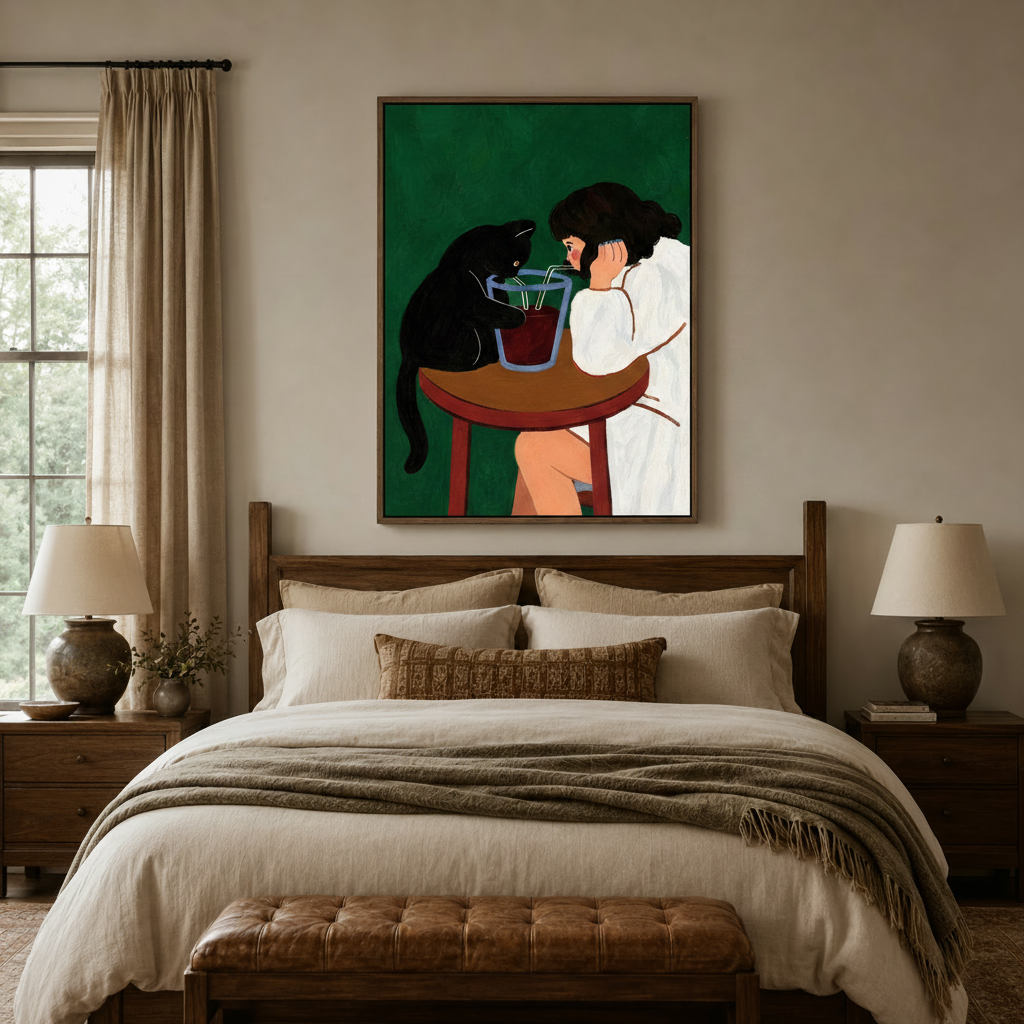 Black cat girl sharing drink flat illustration canvas art in dark walnut frame above linen bed in cozy bedroom