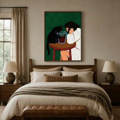 Black cat girl sharing drink flat illustration canvas art in dark walnut frame above linen bed in cozy bedroom