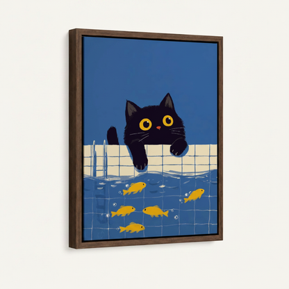 Framed black cat goldfish canvas print in dark walnut float frame angled view