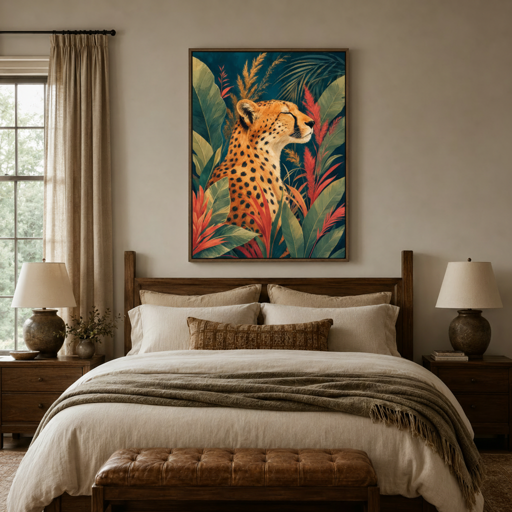 Jewel-toned cheetah canvas print centered above dark walnut bed in cozy neutral bedroom setting
