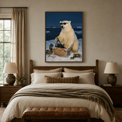 Funny animal canvas print above dark walnut four-poster bed in cozy neutral bedroom