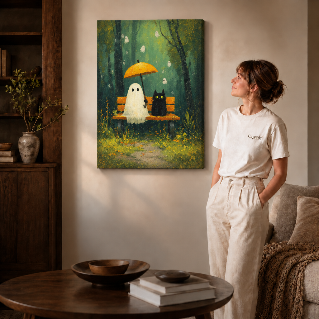 Whimsical ghost and black cat umbrella canvas displayed in a contemporary living room.