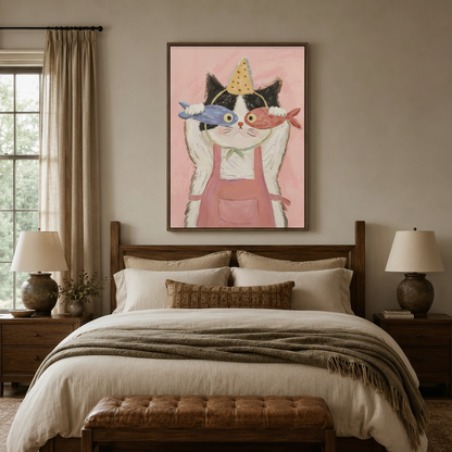 Cute party cat canvas print framed in walnut above wooden bed headboard in cozy neutral bedroom