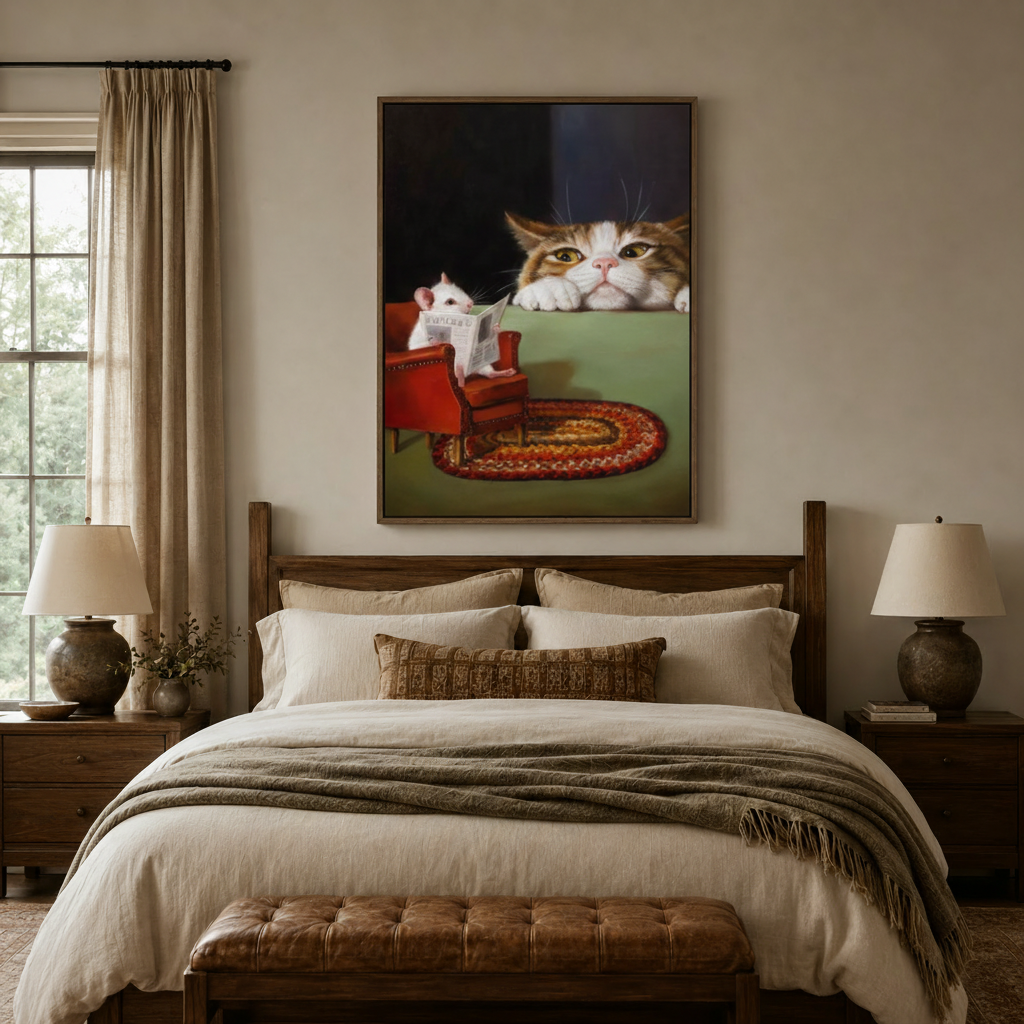 Dramatic cat and mouse oil painting in float frame above bed in warm neutral bedroom