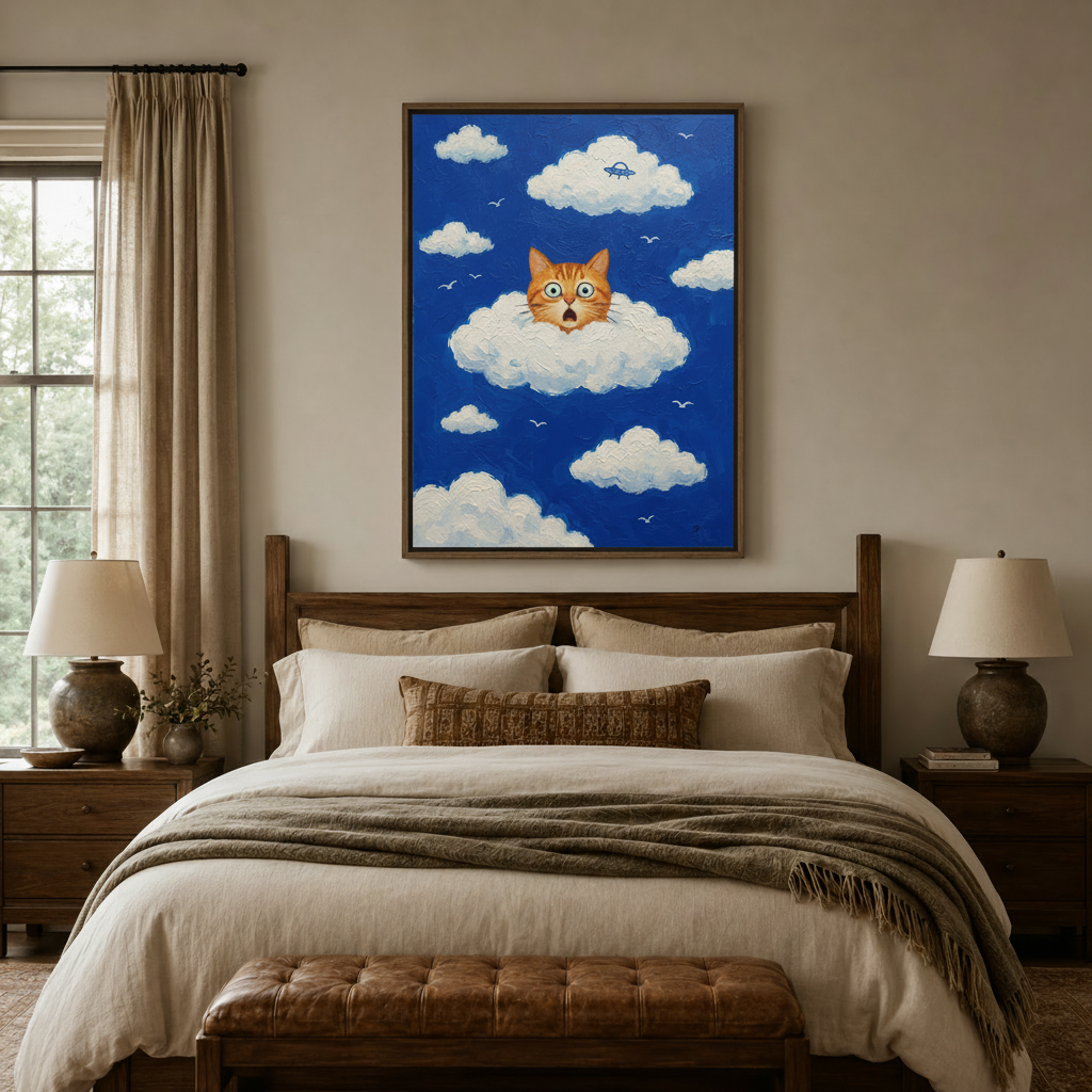 Whimsical cat canvas print above bed in a cozy farmhouse-style bedroom with warm wood tones