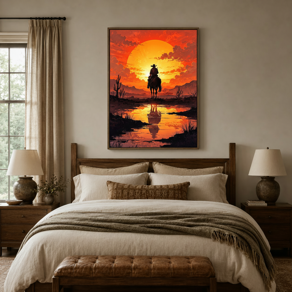 Cowboy sunset canvas wall art above bed in earthy bedroom with dark walnut float frame and warm lighting