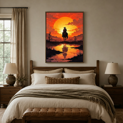Cowboy sunset canvas wall art above bed in earthy bedroom with dark walnut float frame and warm lighting