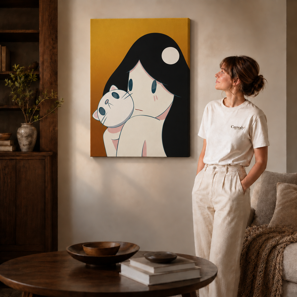 A woman stands next to a gallery-wrapped canvas showing a minimalist girl and cat illustration on an amber gradient background.