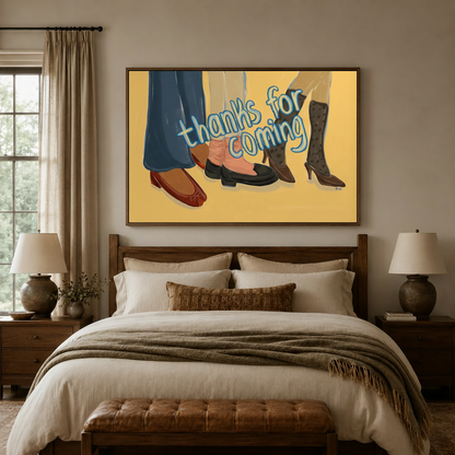 Yellow pop art fashion canvas hanging above bed in cozy warm-toned bedroom interior