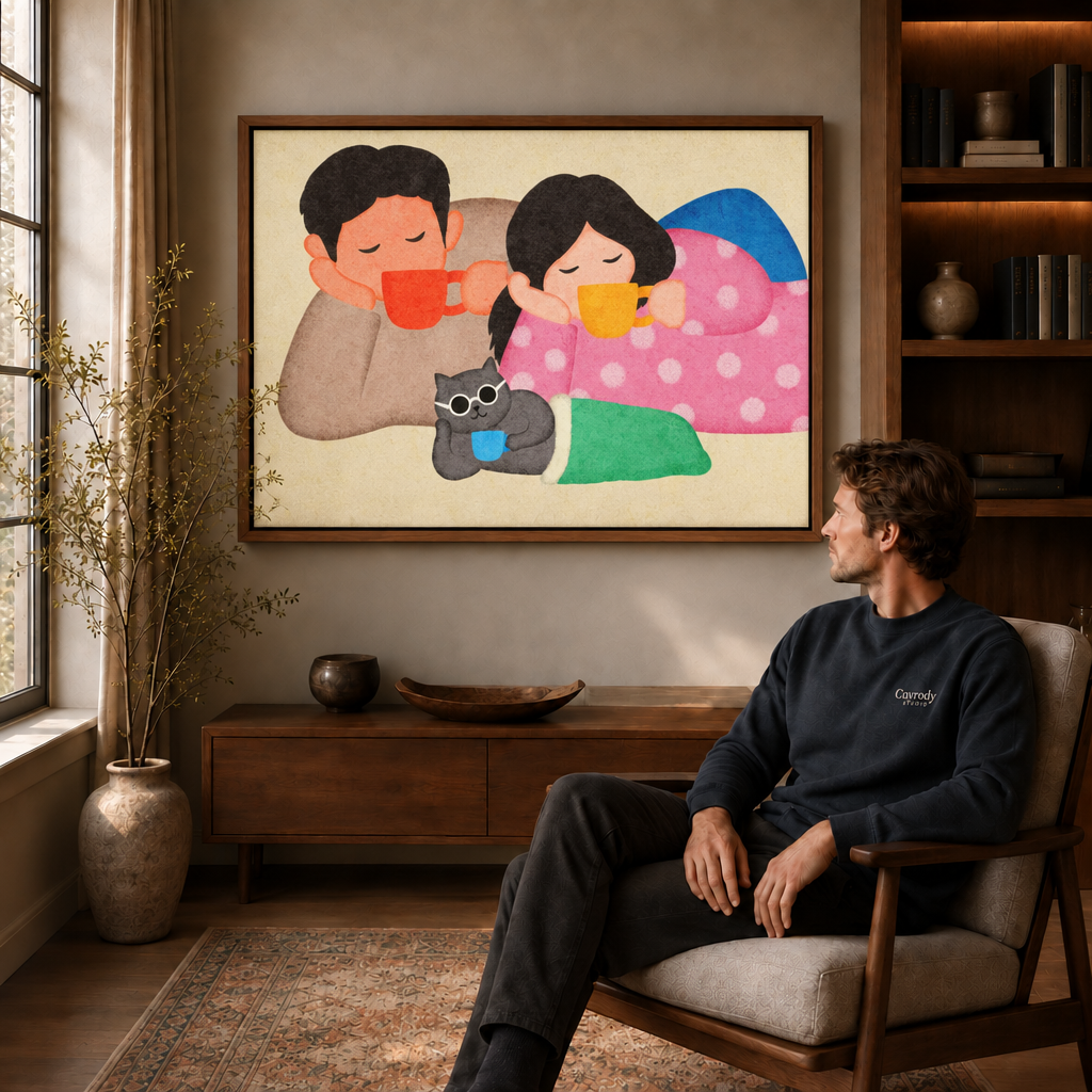 Couple and cat canvas wall art in a walnut frame above a sideboard beside a seated man.