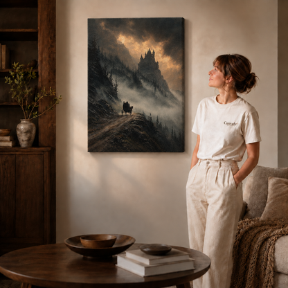 Gothic castle canvas wall art on an unframed canvas beside a woman in white.