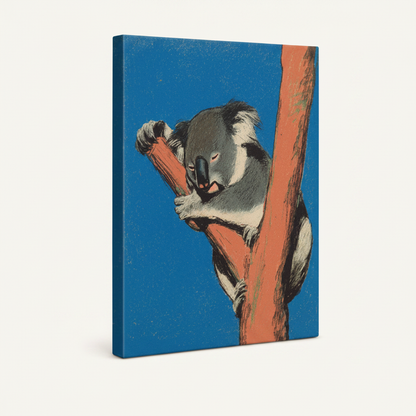 Bold cobalt blue koala poster canvas in dark walnut float frame, 3/4 angle view on clean white background