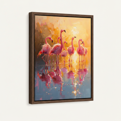 Impressionist pink flamingo canvas in dark walnut float frame, portrait orientation, 3/4 angle on white background